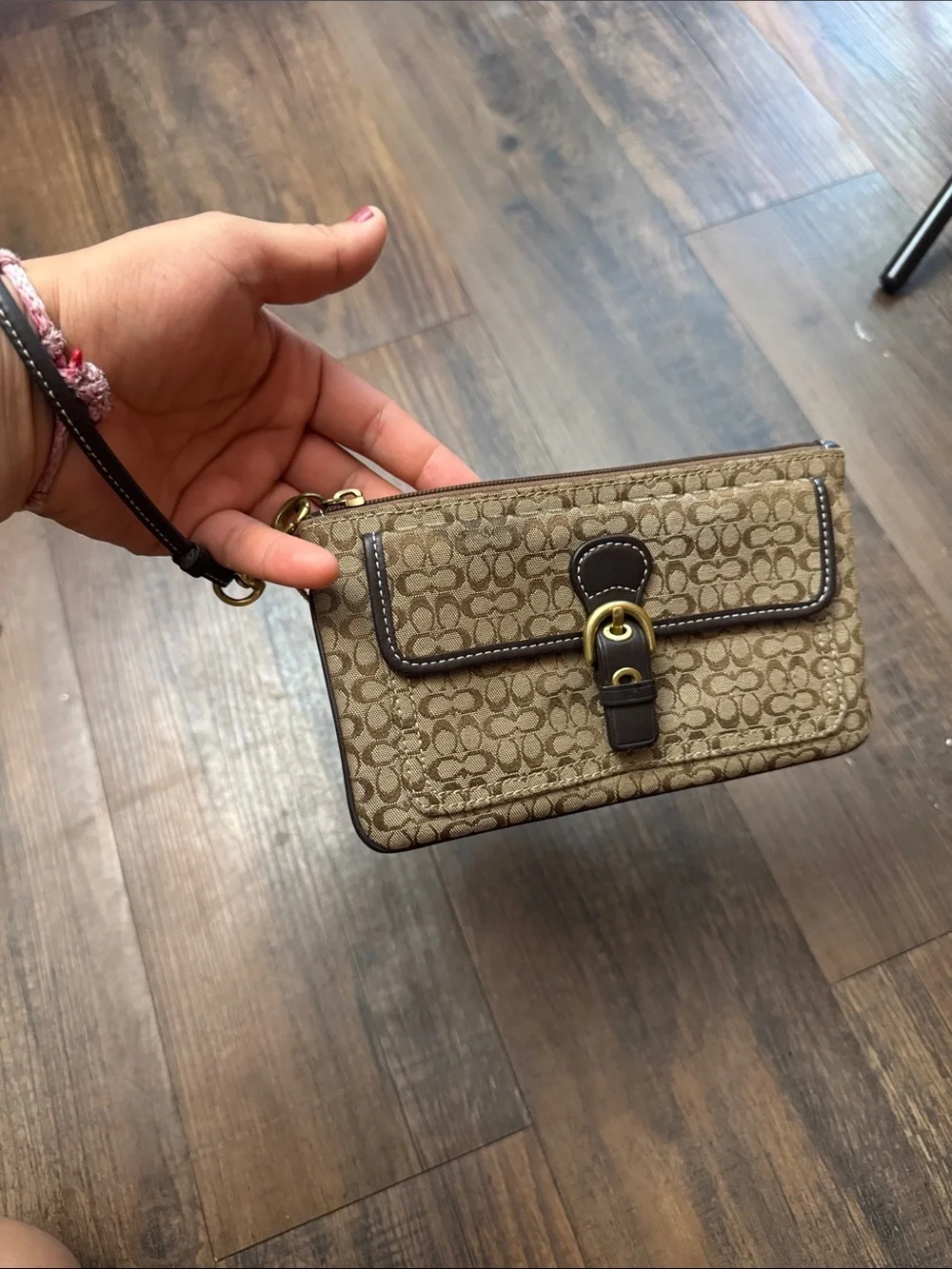 Coach Soho Vintage Tan and Brown Signature Canvas Wristlet with Leather Trim